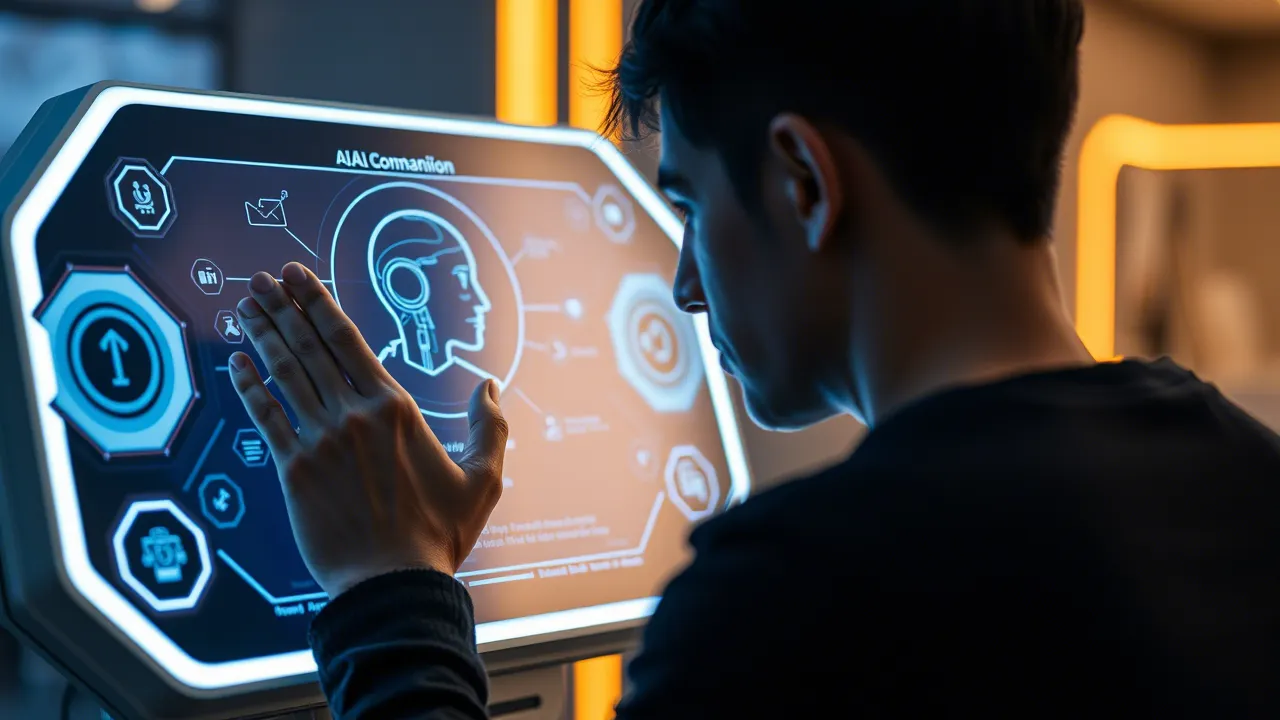 A person thoughtfully interacting with an AI companion on a futuristic device screen.