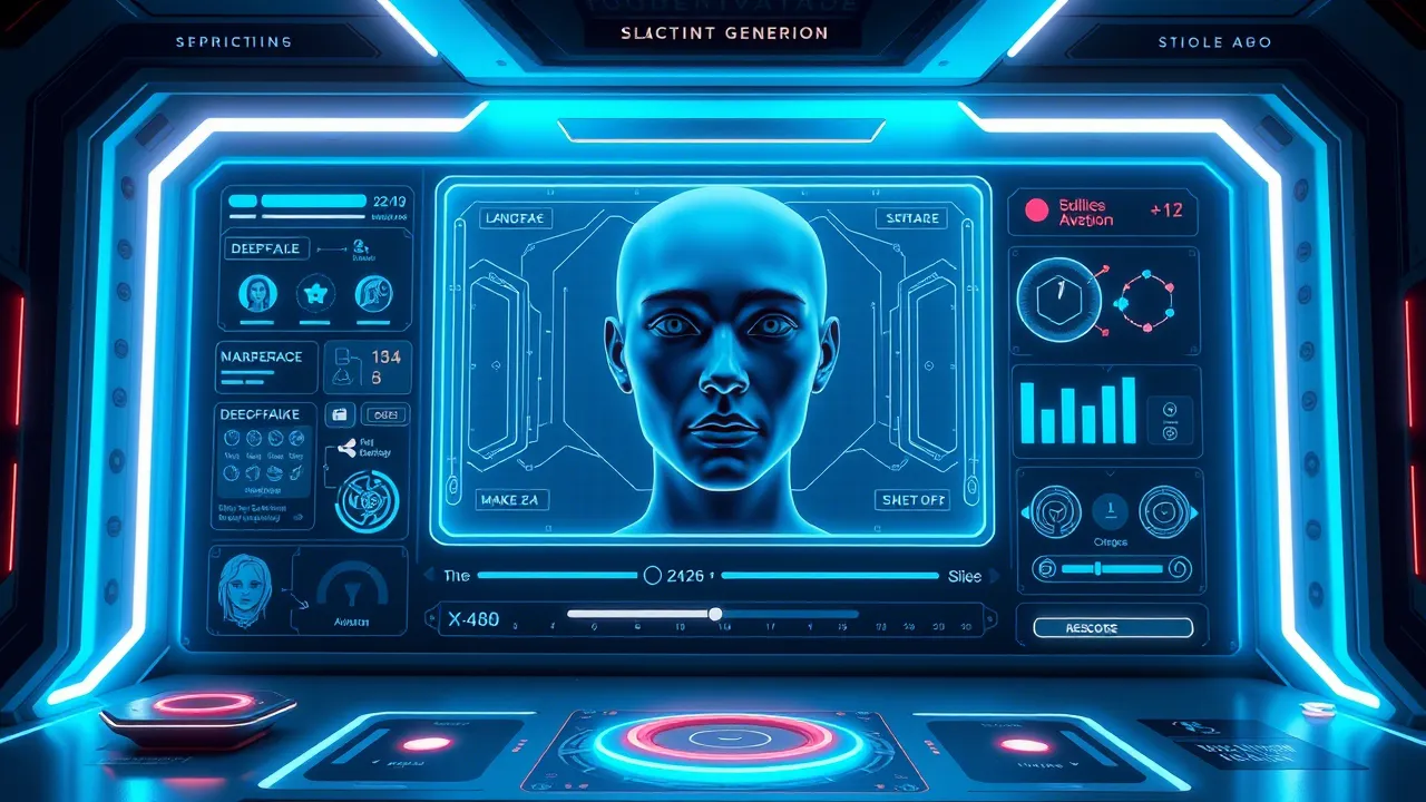 Stylized interface of an AI content generation program, illustrating the creation of deepfakes.