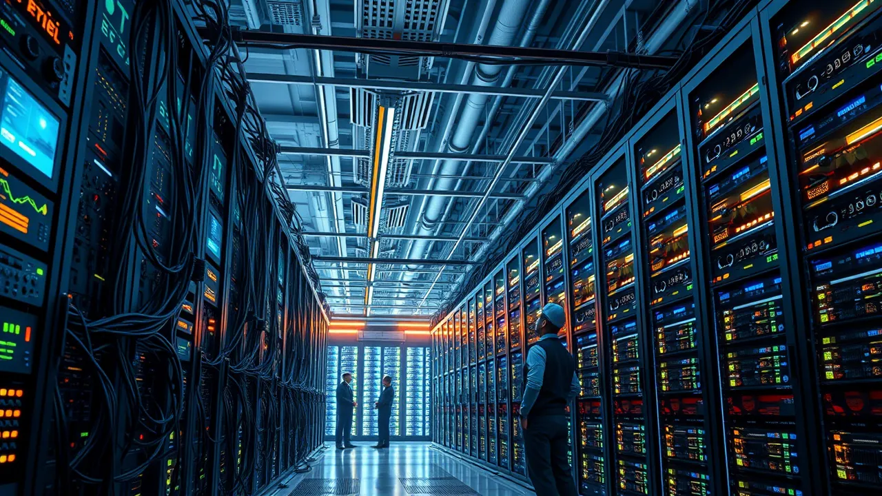 Data center with AI servers, symbolizing the energy consumption of artificial intelligence.