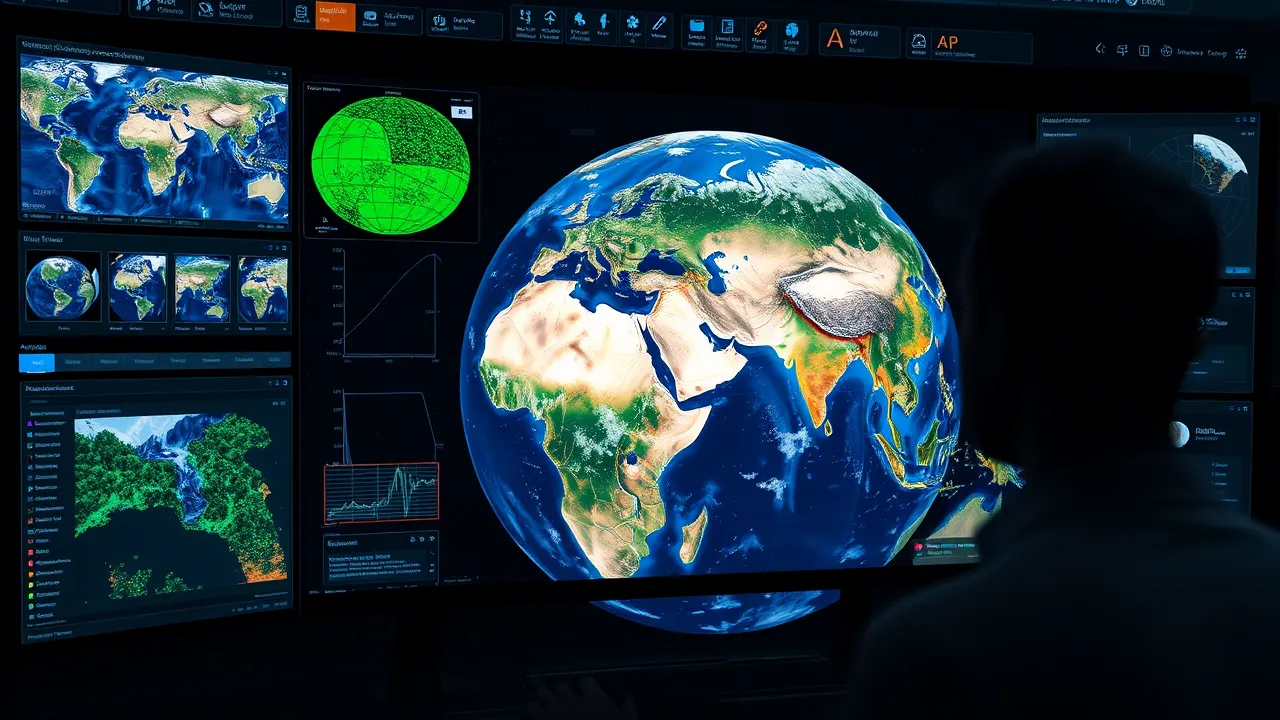 AI analyzing satellite images of Earth for monitoring environmental changes.