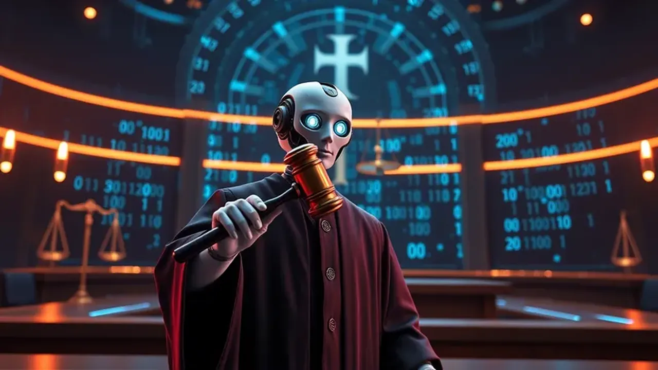 Conceptual image of an AI judge with a digital gavel, symbolizing digital justice.