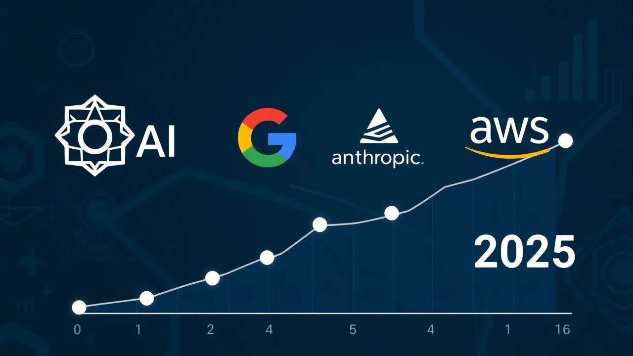 Logos of leading AI companies (OpenAI, Google, Anthropic, AWS) against a backdrop of the AI agent market growth chart in 2025.
