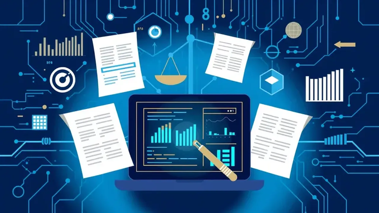 Illustration of AI analyzing legal documents and data.