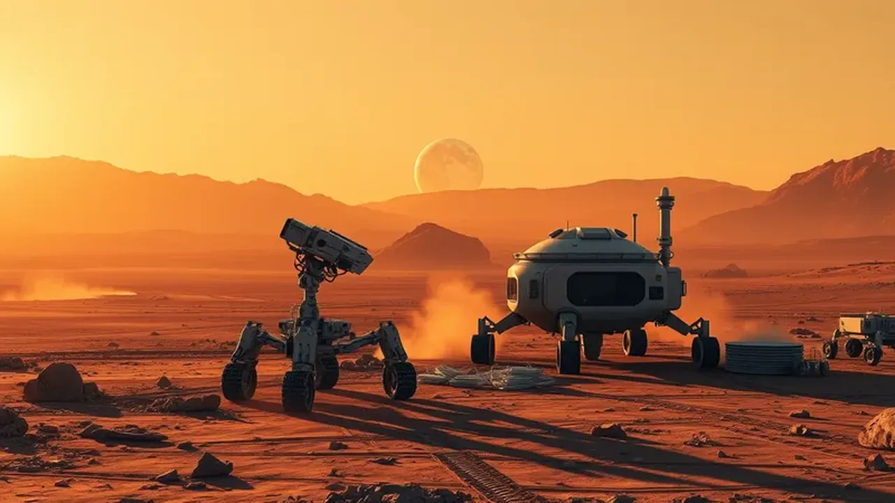 Conceptual image of AI robots building a base on Mars with Earth психиатра in the background.