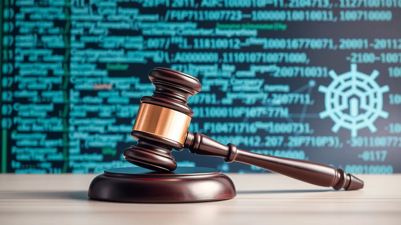 A gavel नेते a backdrop of code and AI symbols, illustrating artificial intelligence regulation.