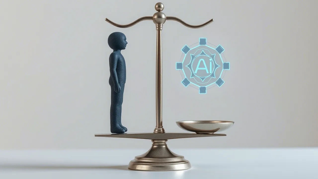 Scales with a human on one side and an AI symbol on the other, reflecting the ethical dilemmas of AI relationships.
