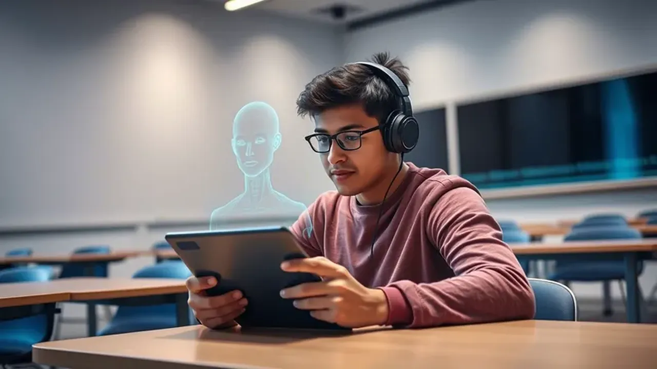 A student engaging with a futuristic AI tutor on a tablet.