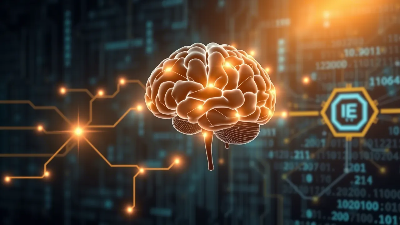 A stylized human brain connected by glowing neural links to a digital processor, against a backdrop of abstract data, symbolizing the mystery of AI consciousness