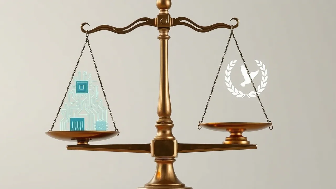 Scales of justice, with AI technologies on one side and human values and ethical symbols on the other