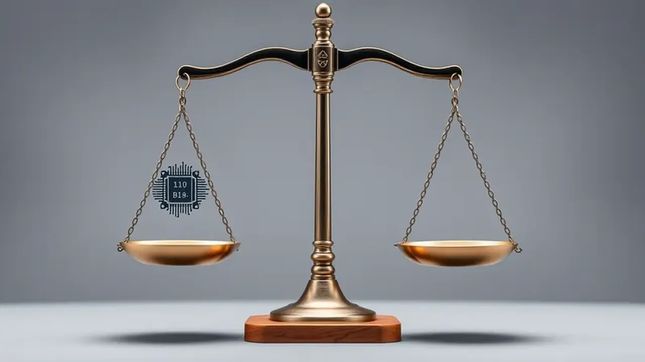 Scales of justice with a symbol of algorithmic bias.