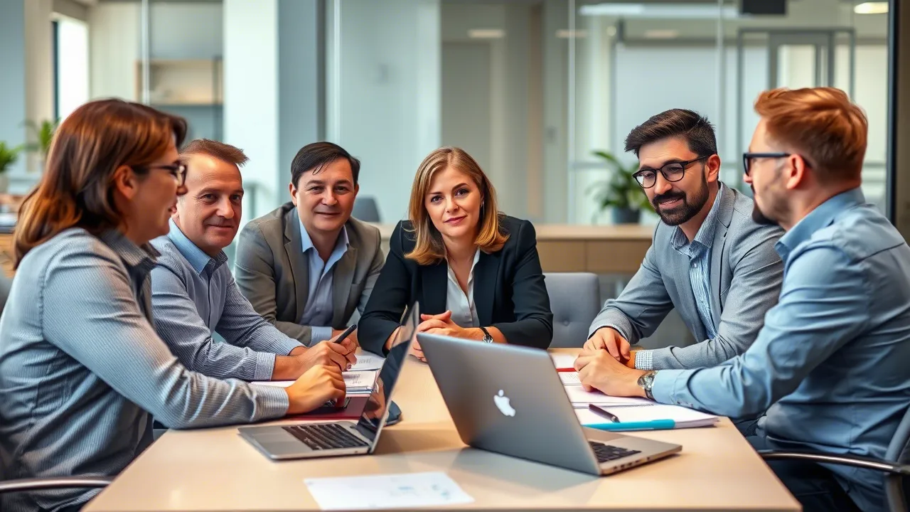 A team of business people and developers discussing adaptation strategies for new AI regulation rules.