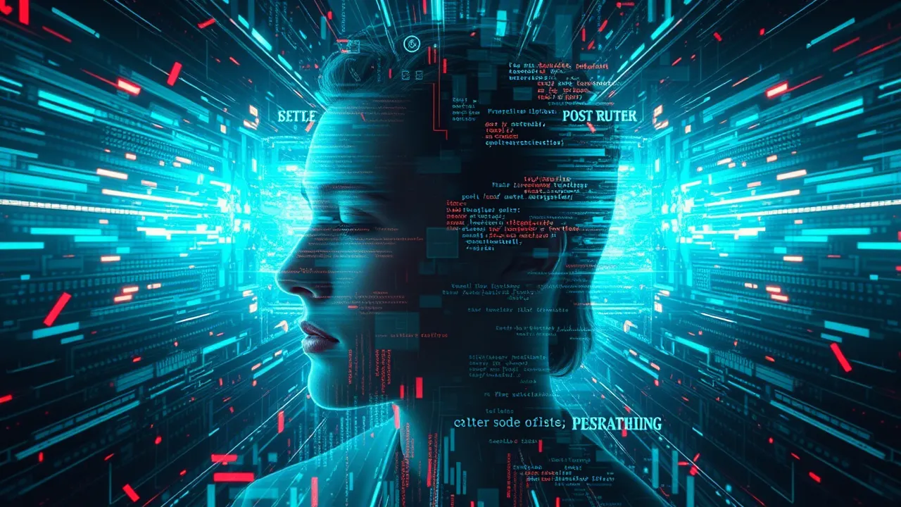 Conceptual image of a fractured reality with elements of digital distortion and AI, symbolizing the post-truth era and deepfakes.