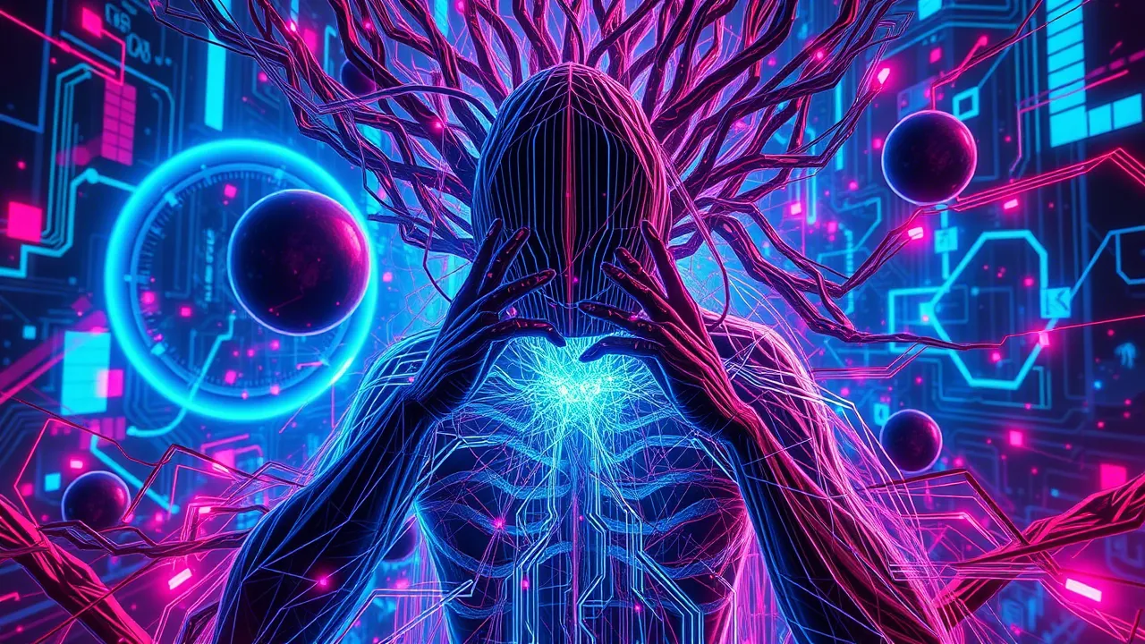 Stylized image of a human head overloaded with digital streams, symbolizing digital madness.
