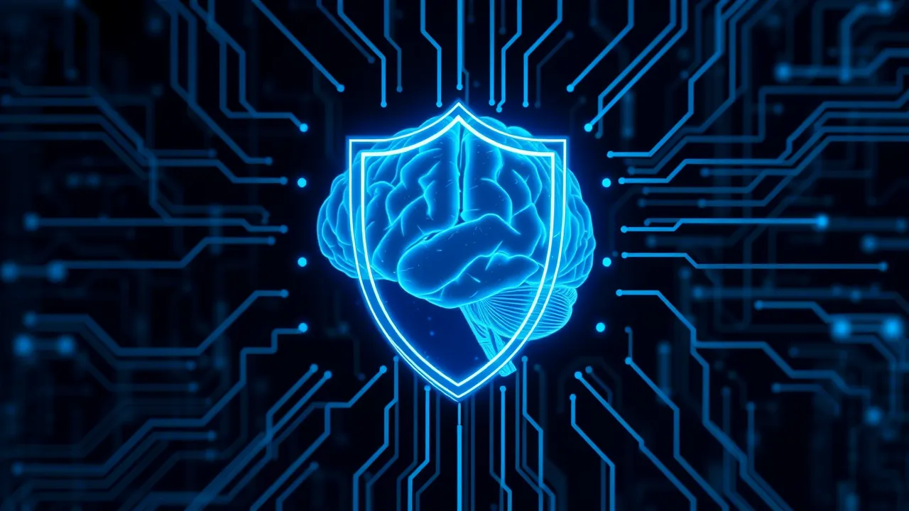 Symbolic image of a shield protecting a human brain from the flood of digital disinformation.