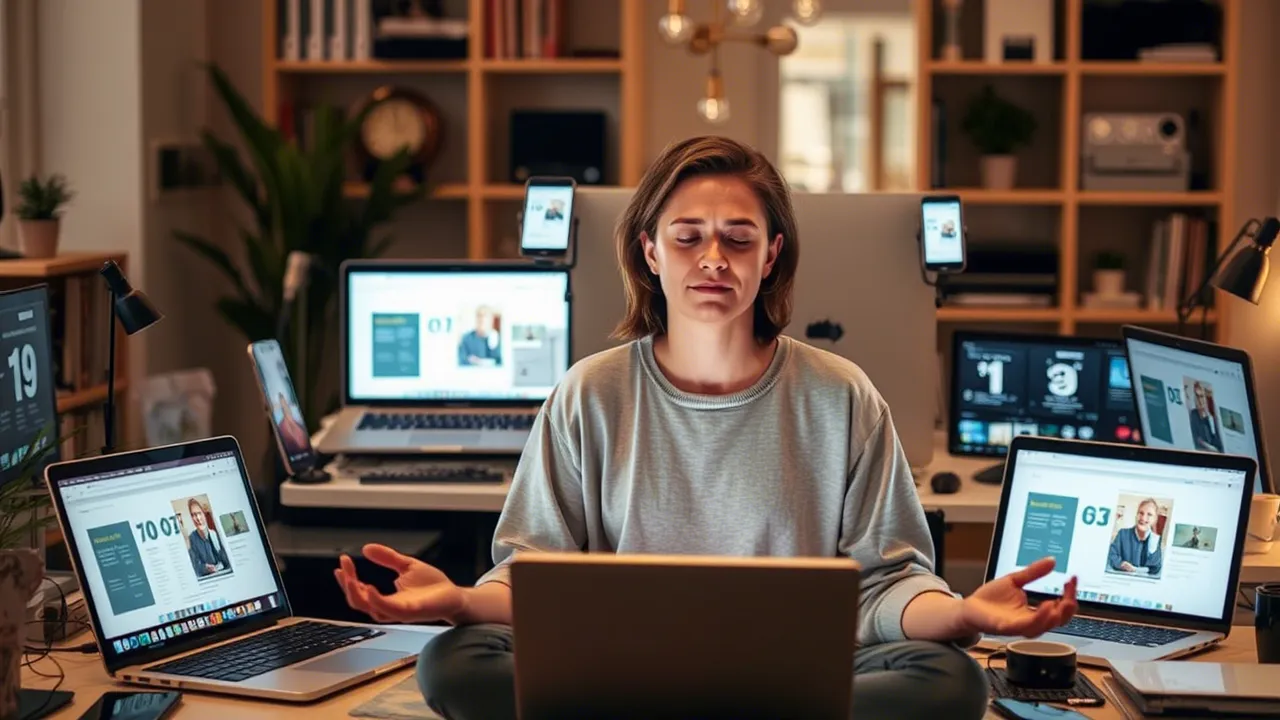 A person finding balance and calm amidst digital devices, a symbol of digital wellbeing.