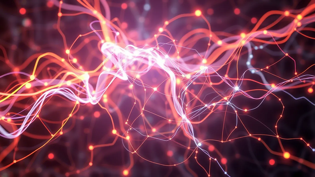 complex, intertwining light patterns symbolizing new, unexpected thought pathways in a neural network