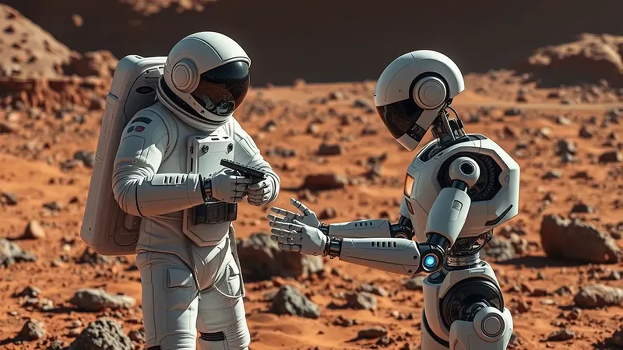An astronaut and an AI robot working together on the surface of Mars.