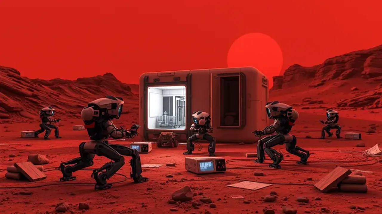 Robots using technologies like 3D printing to construct a Martian base.