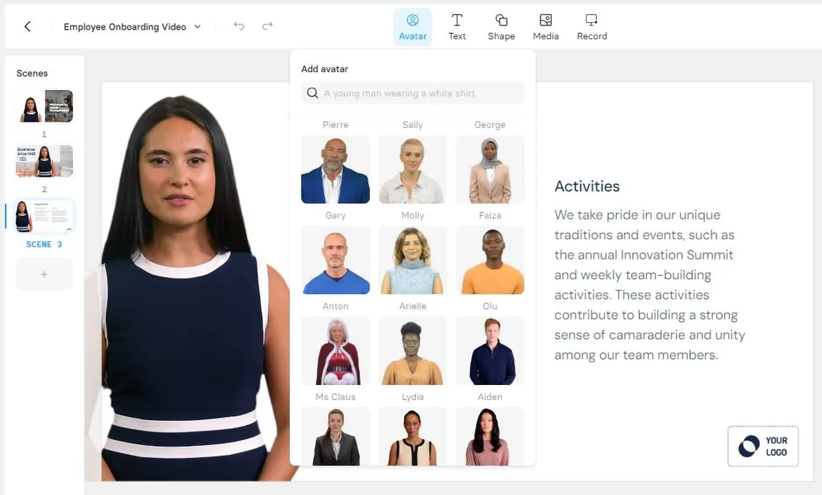 Example of selecting an AI avatar and voice in the interface of Synthesia.